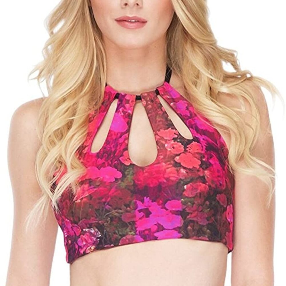 Women’s Reversible High-Neck Bikini Top Keyhole Cutout Floral Print Multi, L